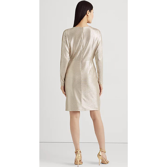 LAUREN RALPH LAUREN WOMENS 16 FAUX WRAP STRETCH COCKTAIL DRESS METALLIC GOLD NEW - Picture 2 of 14